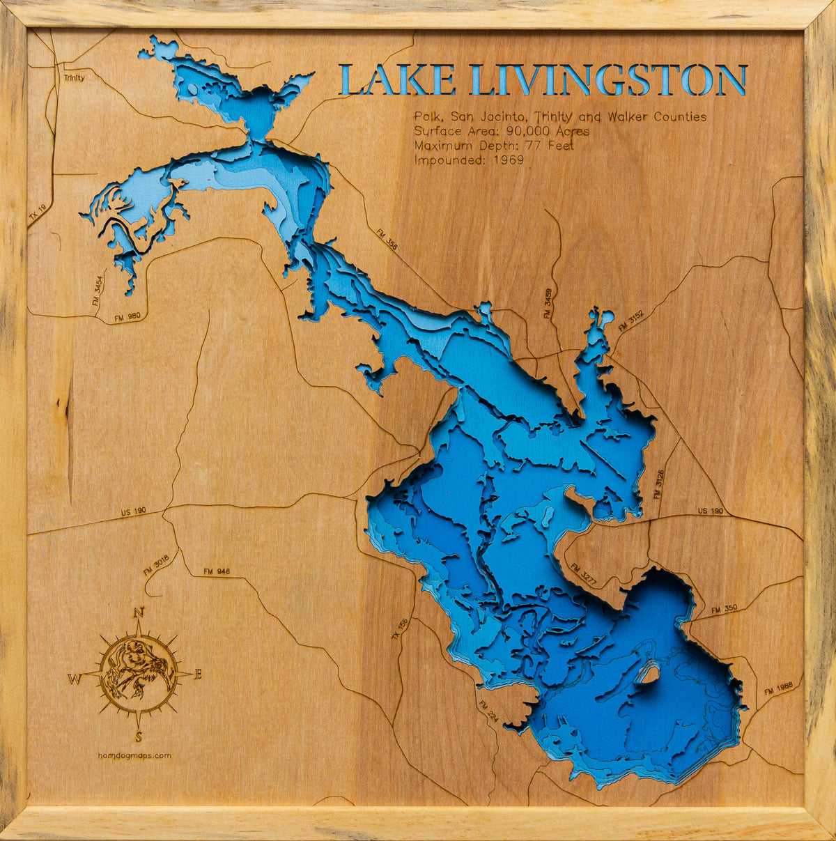 Lake Livingston in TX in stunning 3D wood map design, with detailed topography.
