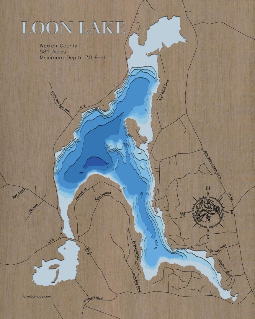 Handcrafted 3D wood map of 3d Lake Map of Loon Lake in Warren County, NY, ideal for lake enthusiasts.