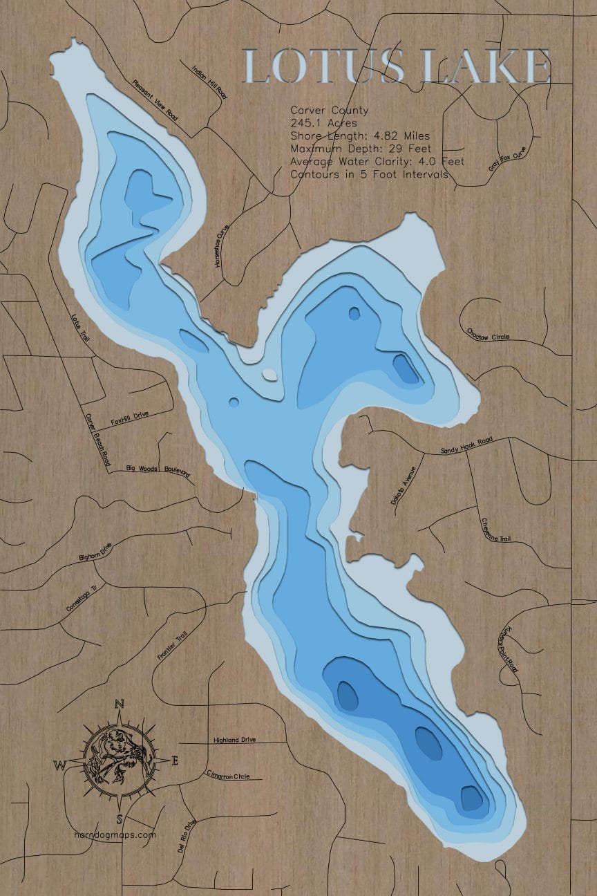 Handcrafted 3D wood map of Lotus Lake in Carver County, MN, ideal for lake enthusiasts.