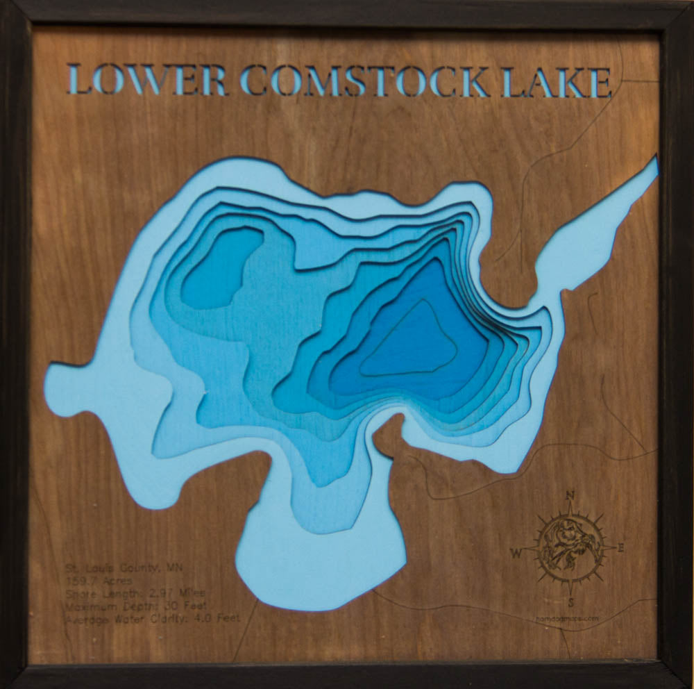 Custom wooden map of Lower Comstock Lake in St. Louis County, MN with layered depth highlights.