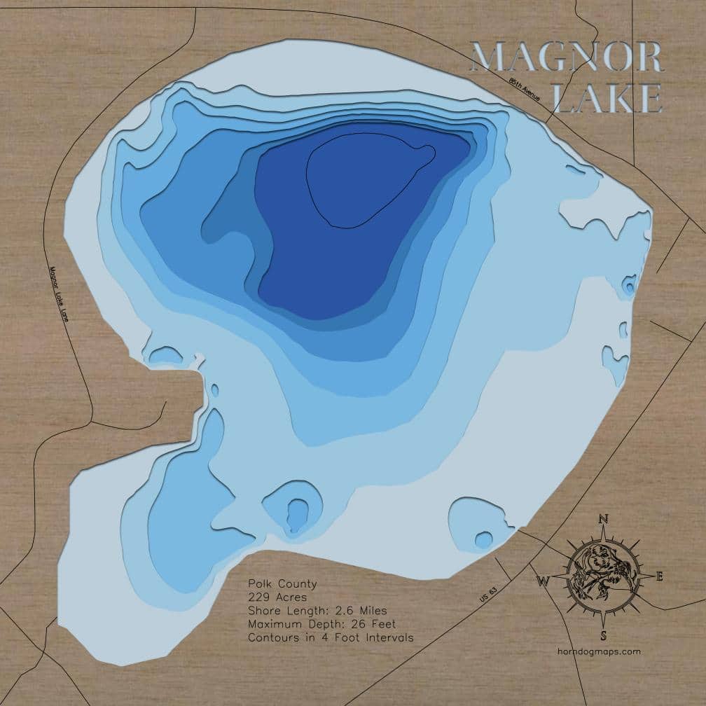 Decorative 3D wooden lake map of Magnor Lake in Polk County, WI, crafted with care.