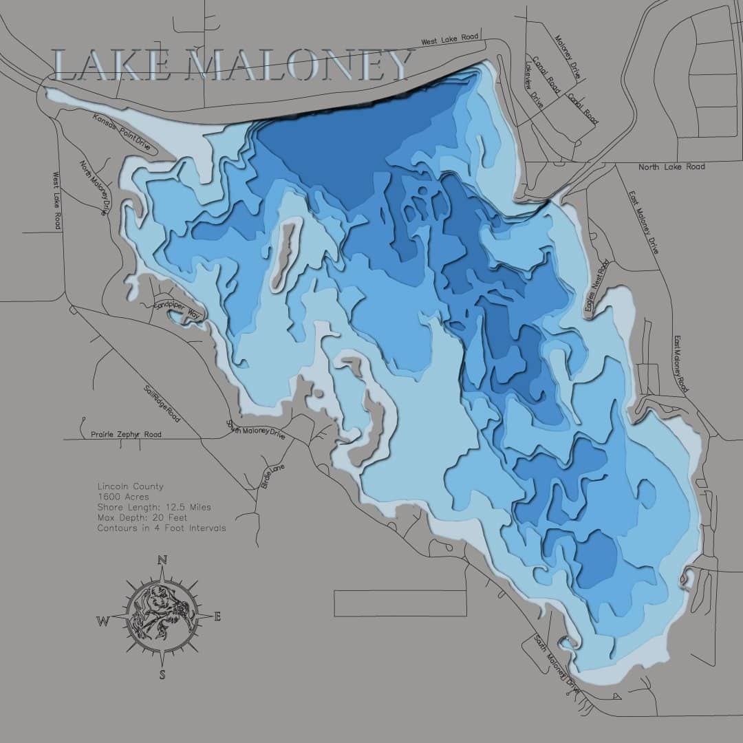 3D wooden lake map of Maloney - horn-dog-maps, showcasing detailed depth layers and contours.
