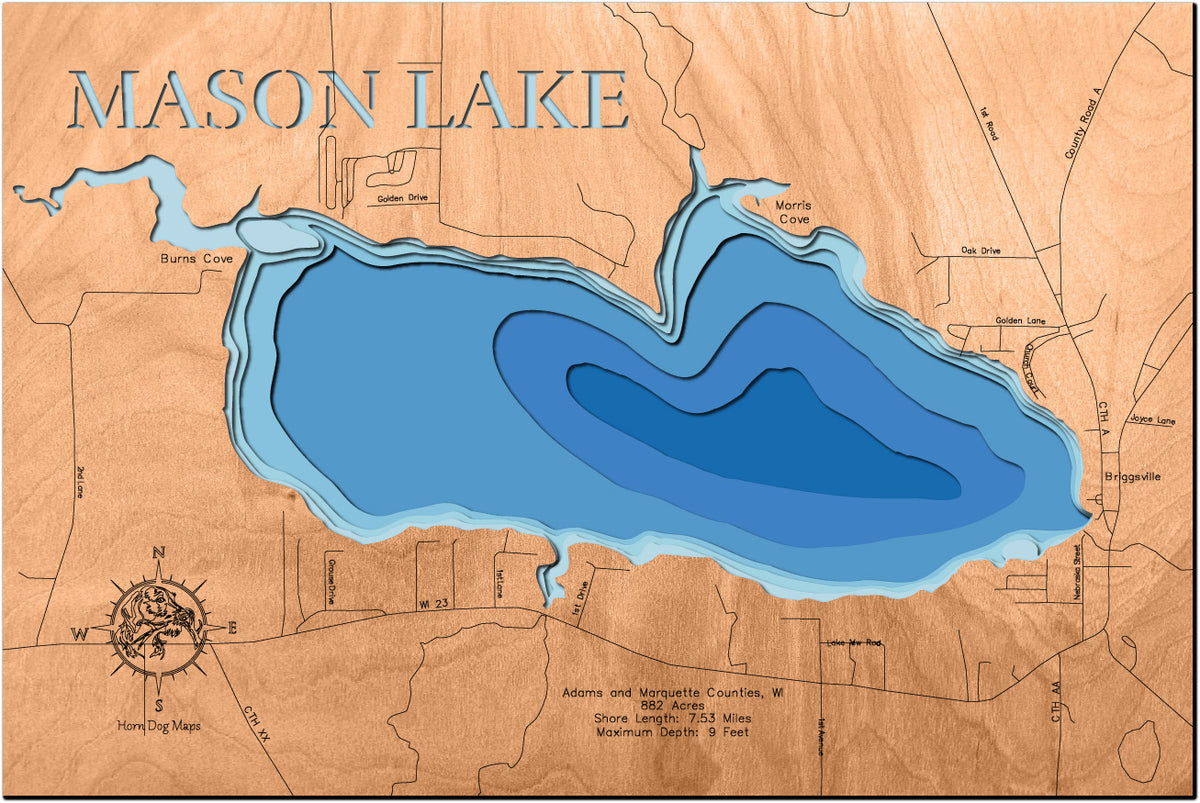 Unique wooden lake map of Mason Lake in Adams and Marquette County, WI, featuring intricate depth details.