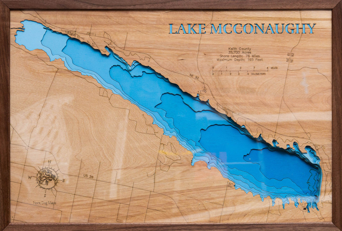 Decorative 3D wooden lake map of Lake McConoughy in Keith County, Nebraska, crafted with care.