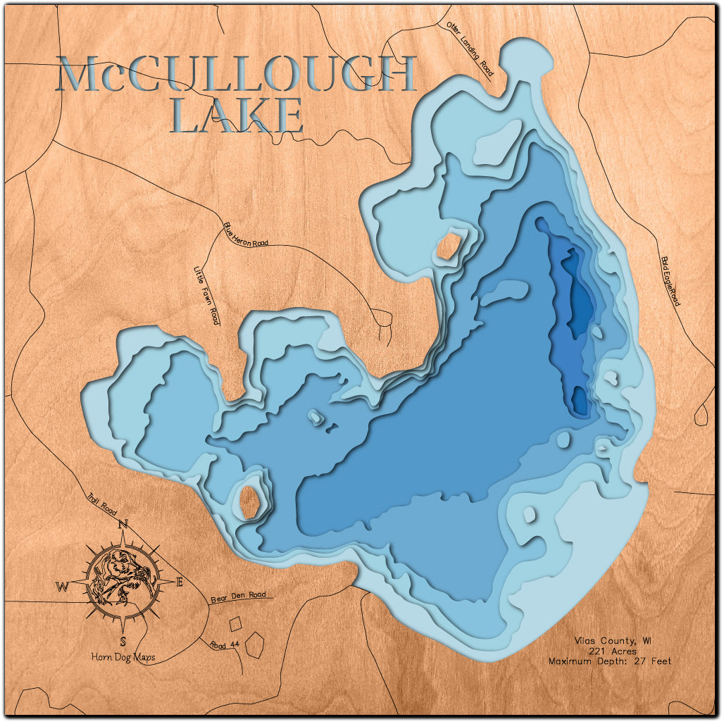 McCullough Lake in Vilas County, WI 3D depth map, laser cut from high-quality wood.