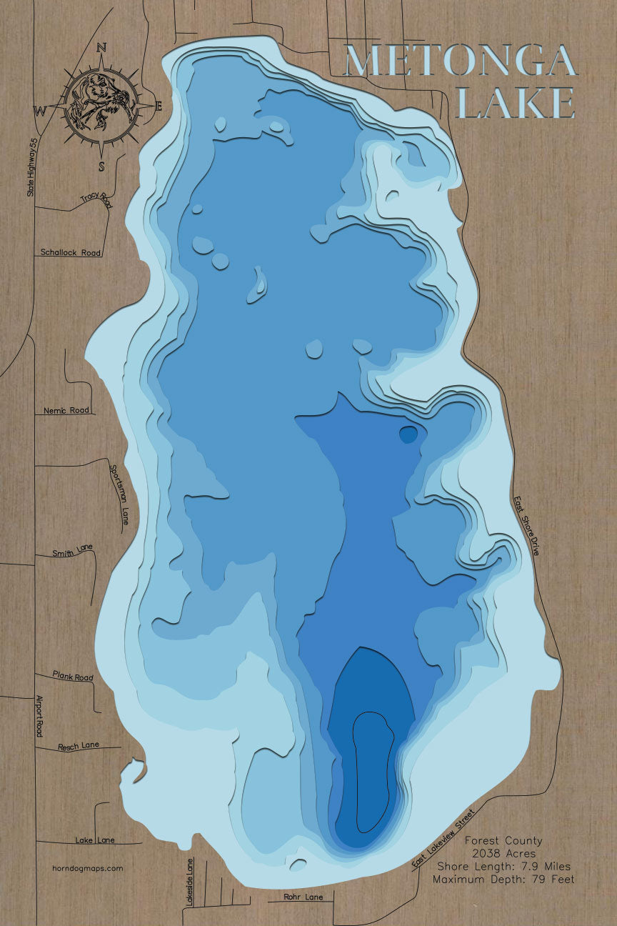 Unique wooden lake map of Metonga Lake in Forest County, WI, featuring intricate depth details.