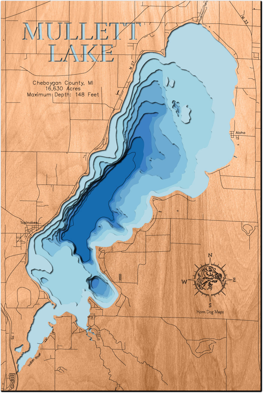 Mullett Lake in Cheboygan County, MI custom 3D wood map, perfect for home decor and gifts.