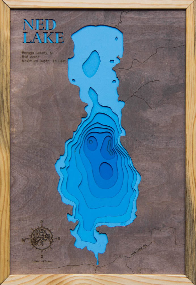 Ned Lake in Baraga County, MI custom 3D wood map, perfect for home decor and gifts.