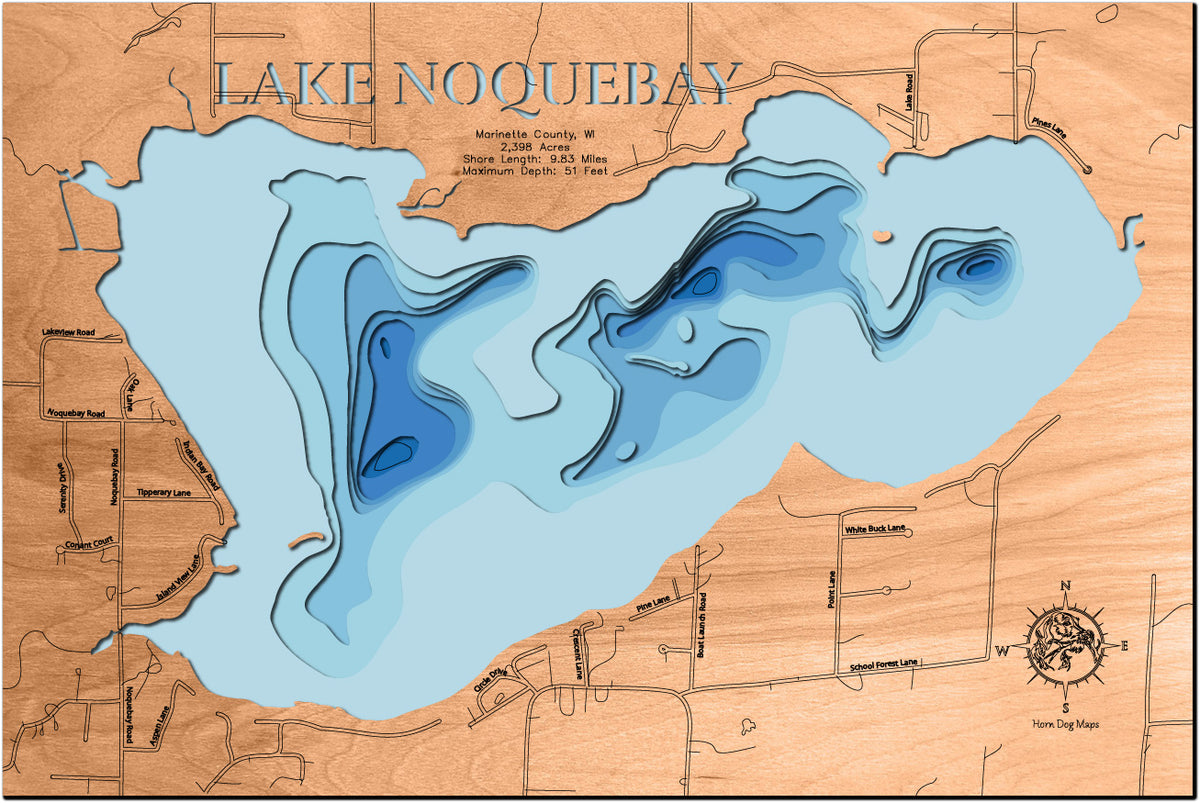 Precision-cut wooden map of Lake Noquebay in Marinette County, WI, perfect for unique decor.