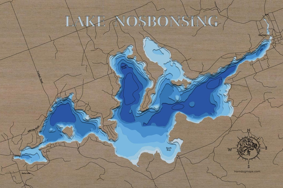 Lake Nosbonsing in Nipissing District, ON in stunning 3D wood map design, with detailed topography.