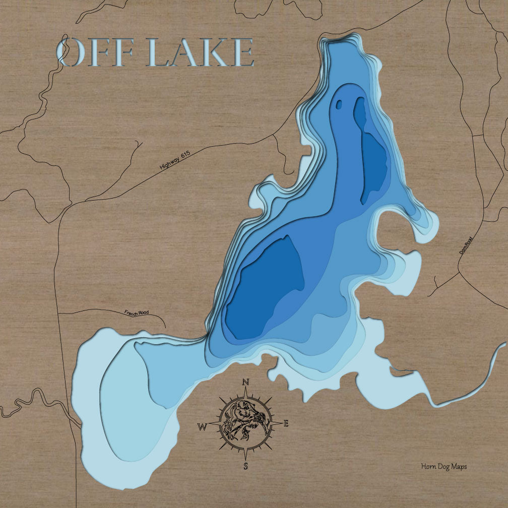 Decorative 3D wooden lake map of Off Lake in Ontario, Canada, crafted with care.