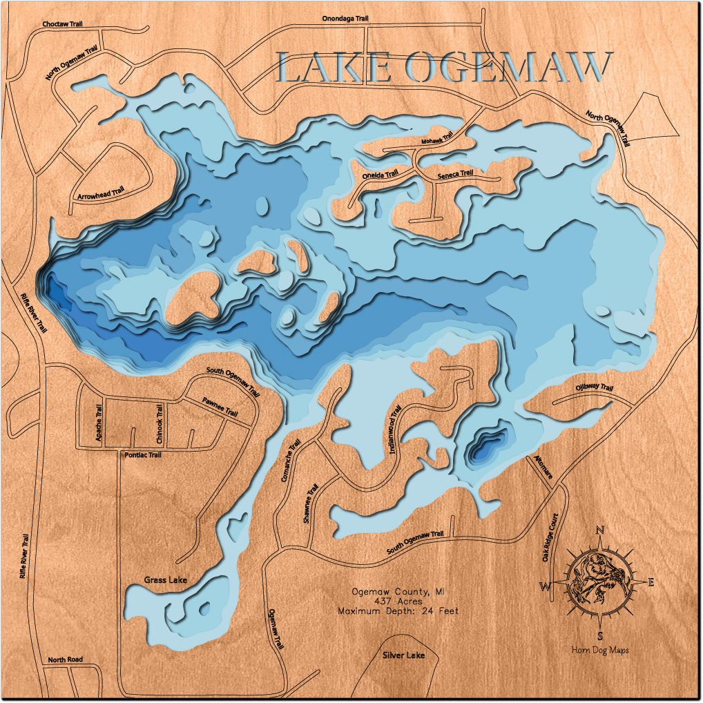 Detailed wooden relief map of Lake Ogemaw in Ogemaw County, MI, showcasing its natural beauty.