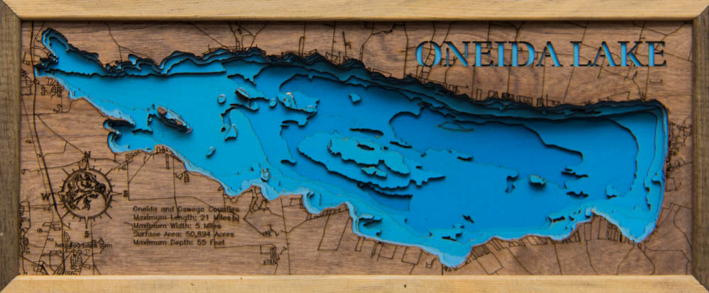Handcrafted 3D wood map of 3D Wooden Lake Map of Oneida Lake in Oneida and Oswego Counties, New York, ideal for lake enthusiasts.