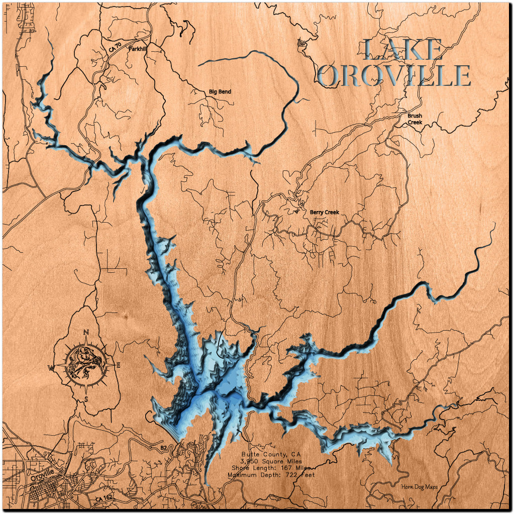 Precision-cut wooden map of Lake Oroville in Butte County, CA, perfect for unique decor.