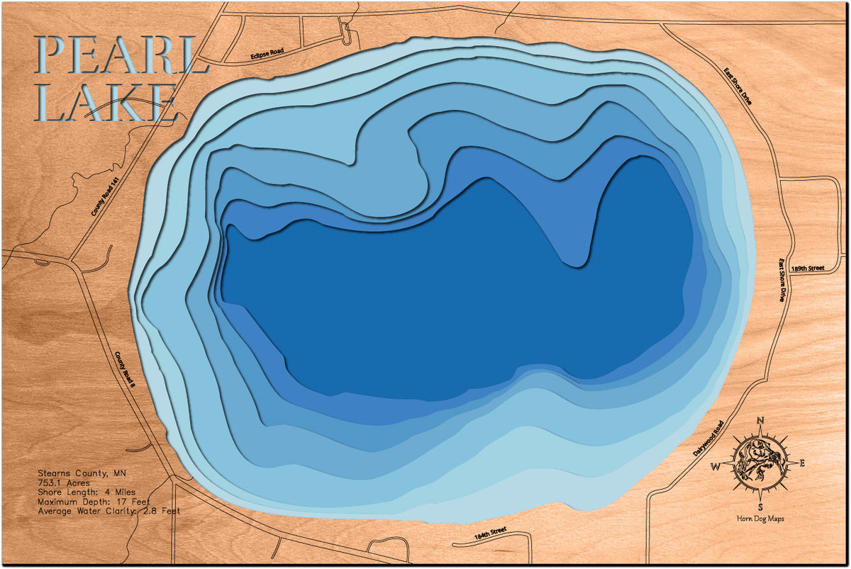 Artisanally carved wooden lake map of Pearl Lake in Stearns County, MN, highlighting bathymetry.