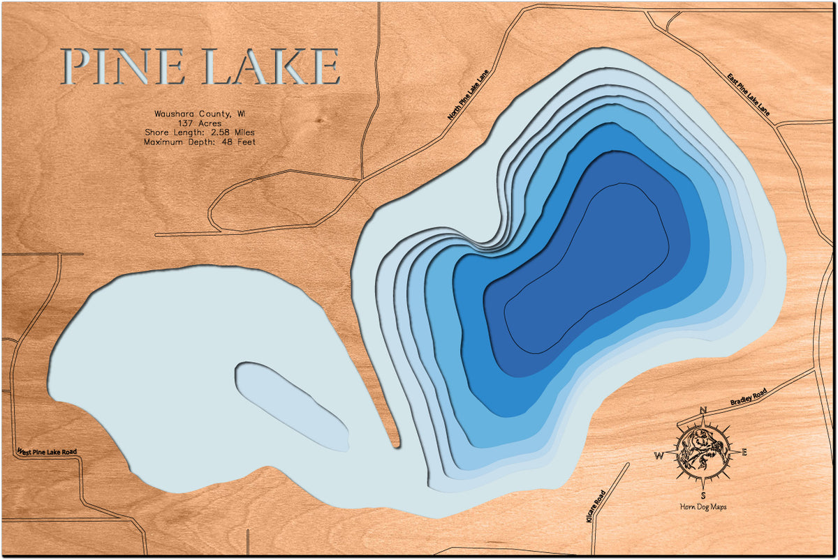 Handcrafted 3D wood map of Pine Lake in Waushara County, WI, ideal for lake enthusiasts.