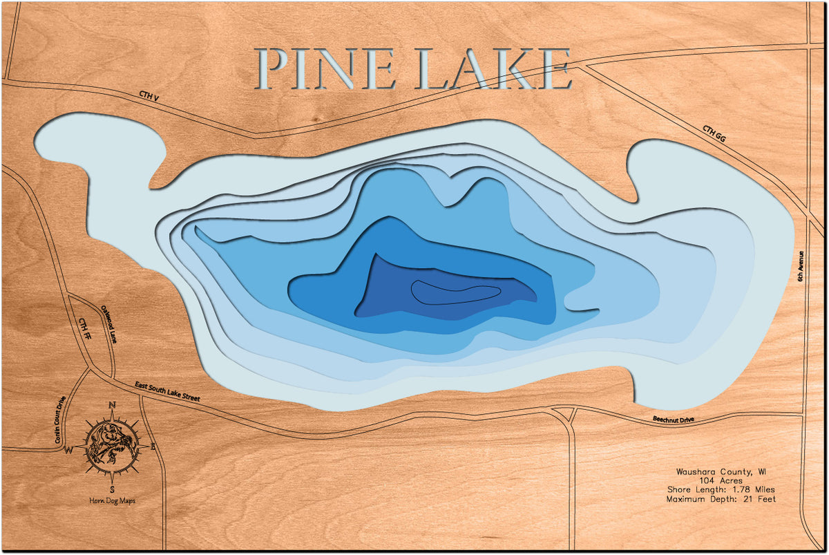 Unique wooden lake map of Pine Lake in Waushara County, WI, Near Hancock, WI, featuring intricate depth details.