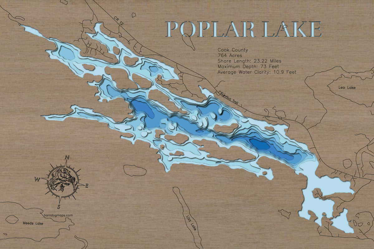 Custom wooden map of Poplar Lake in Cook County, MN with layered depth highlights.