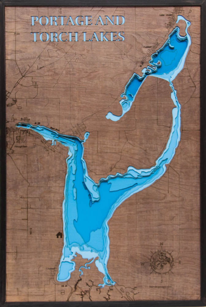 Portage and Torch Lakes in MI in stunning 3D wood map design, with detailed topography.