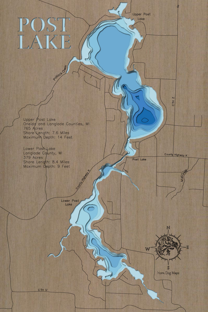 Custom wooden map of Upper and Lower Post Lakes in Oneida and Langlade Counties, WI with layered depth highlights.