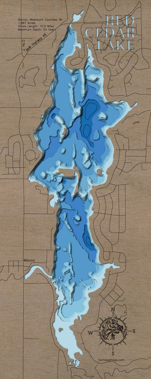 Detailed wooden relief map of Red Cedar Lake in Barron and Washburn Counties, WI, showcasing its natural beauty.