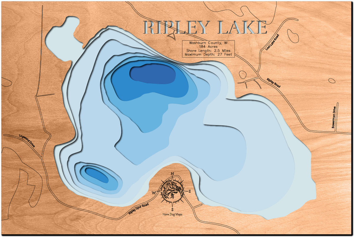 3D wooden lake map of Ripley Lake in Washburn County, WI, showcasing detailed depth layers and contours.