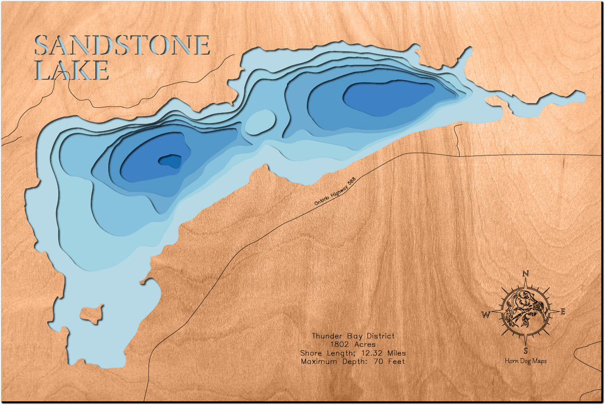 Decorative 3D wooden lake map of Sandstone Lake in Thunder Bay District, Ontario Canada, crafted with care.