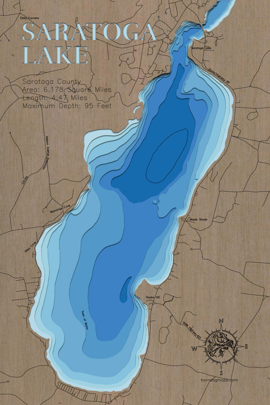 Decorative 3D wooden lake map of Saratoga Lake in Saratoga County, NY, crafted with care.