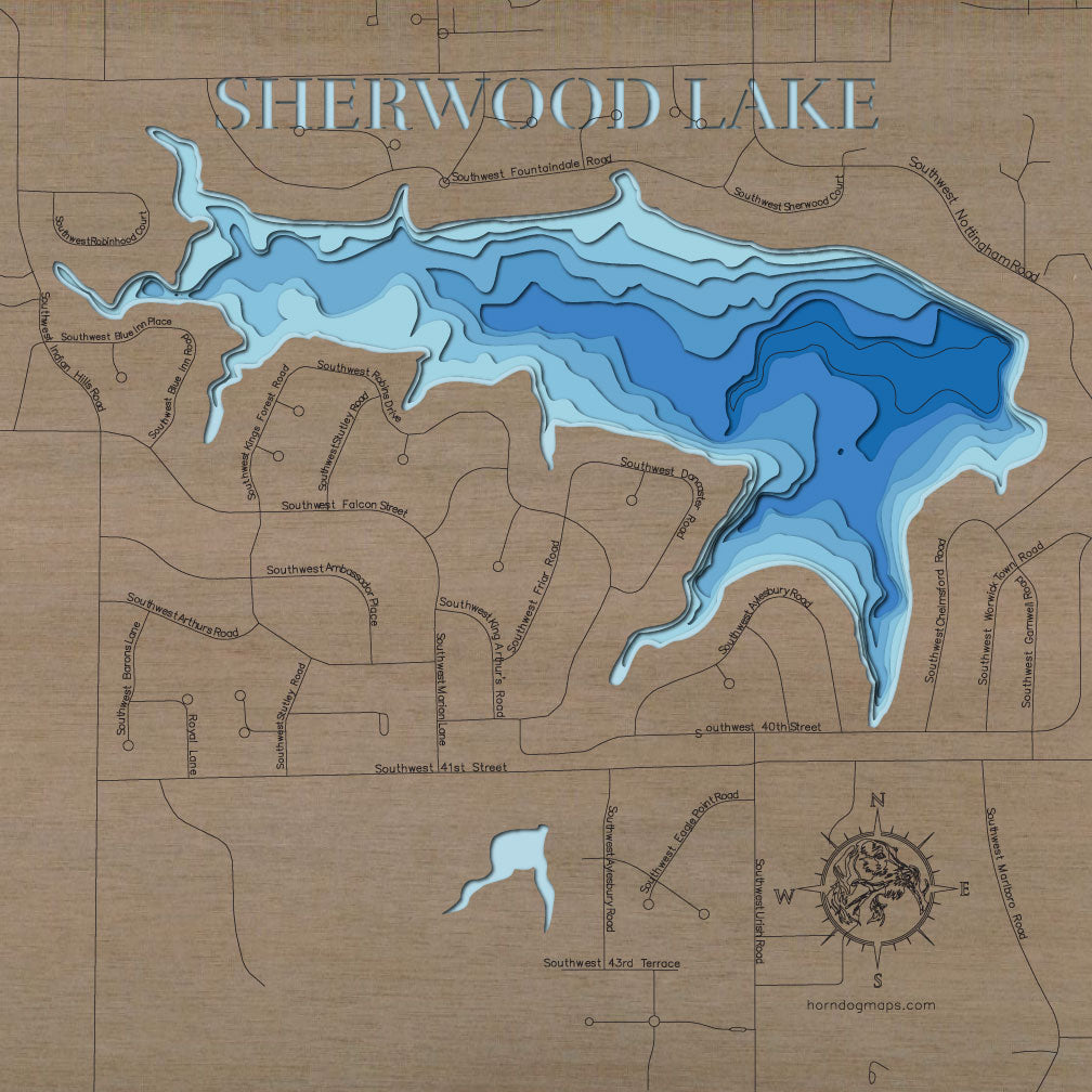 3D wooden lake map of Sherwood Lake in Shawnee County, Kansas, showcasing detailed depth layers and contours.