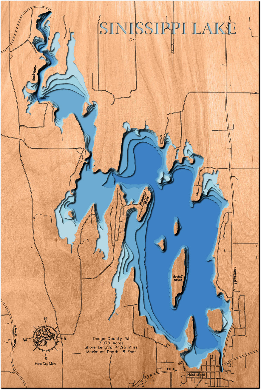 Sinissippi Lake in Dodge County, WI engraved wood map, showcasing accurate topographical features.