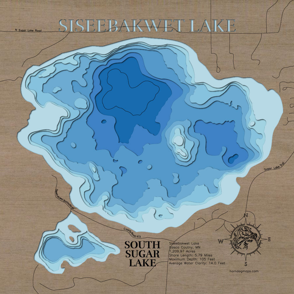 Laser-engraved relief map of Siseebakwet Lake in Itasca County, MN, crafted from wood with high precision.