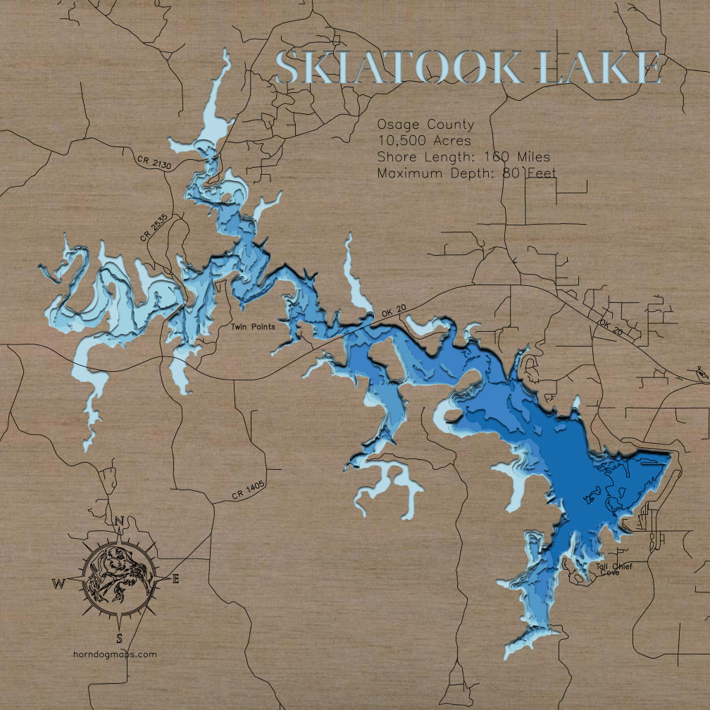 Skiatook Lake in Osage County, OK custom 3D wood map, perfect for home decor and gifts.