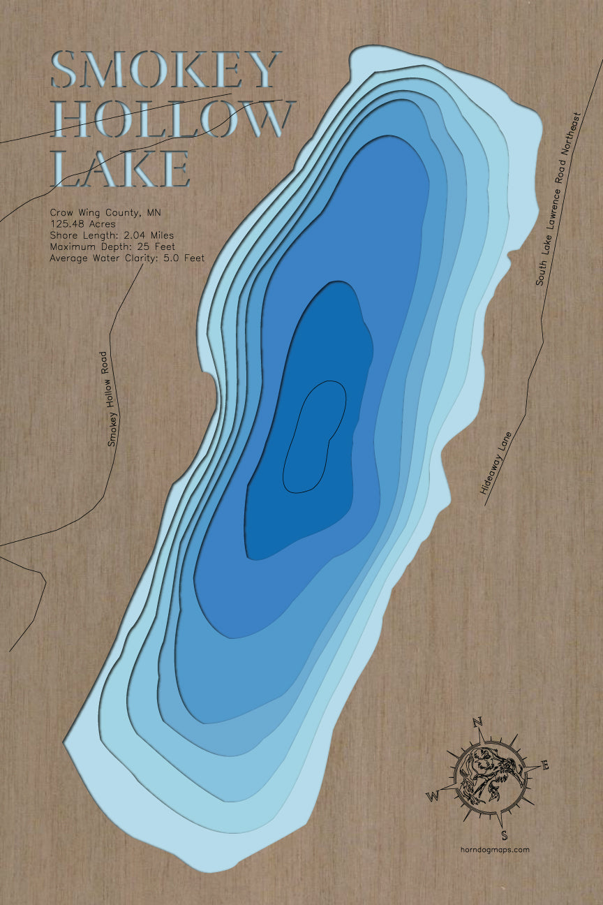 High-definition wooden relief map of Smokey Hollow Lake in Crow Wing County, MN, handmade for durability.