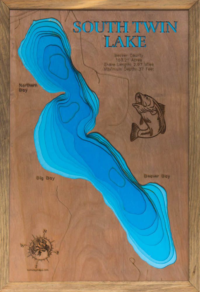 Exquisite wooden map of South Twin Lake in Becker County, MN with detailed lakebed features.
