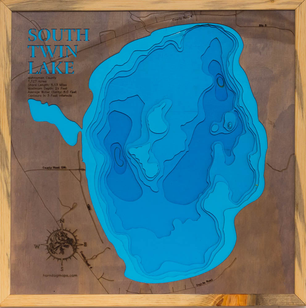 3D wooden lake map of South Twin Lake in Mahnomen County, MN, showcasing detailed depth layers and contours.