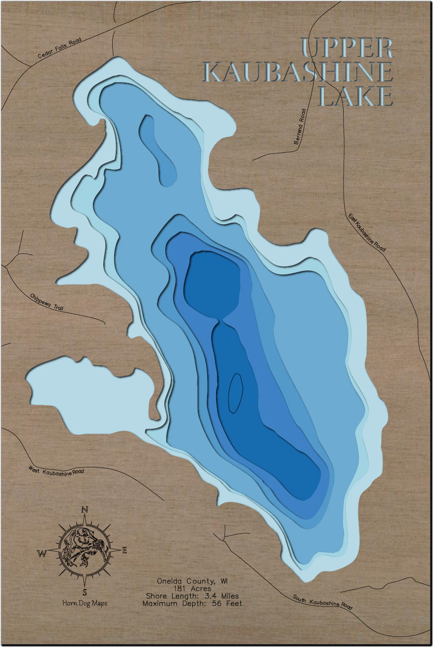 Laser-engraved relief map of Upper Kaubashine Lake in Oneida County, WI, crafted from wood with high precision.