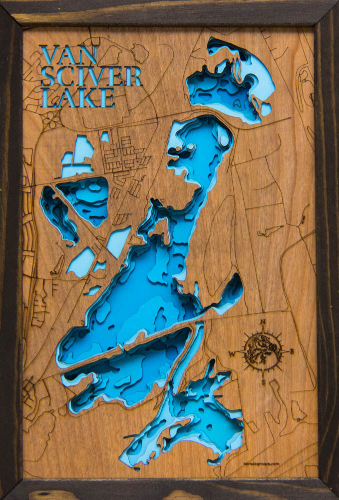 Laser-engraved relief map of Van Sciver Lake in Bucks County, Pennsylvania, crafted from wood with high precision.