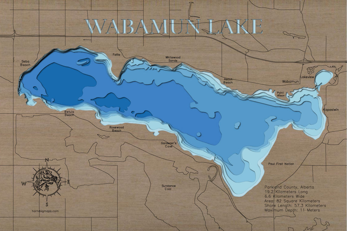 Detailed wooden relief map of Wabamun Lake in Parkland County, Alberta, showcasing its natural beauty.