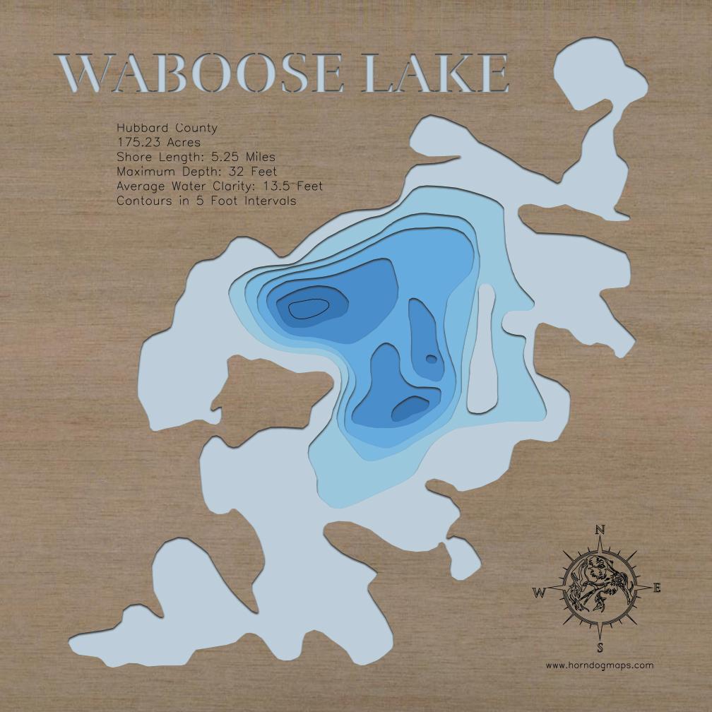 Artisanally carved wooden lake map of Waboose Lake in Hubbard County, MN, highlighting bathymetry.