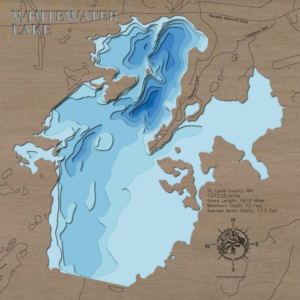 Exquisite wooden map of Whitewater Lake in St. Louis County, MN with detailed lakebed features.