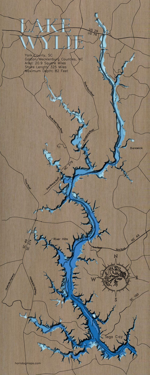 Lake Wylie in Gaston County SC, Gaston and Mecklenburg Counties, NC custom 3D wood map, perfect for home decor and gifts.