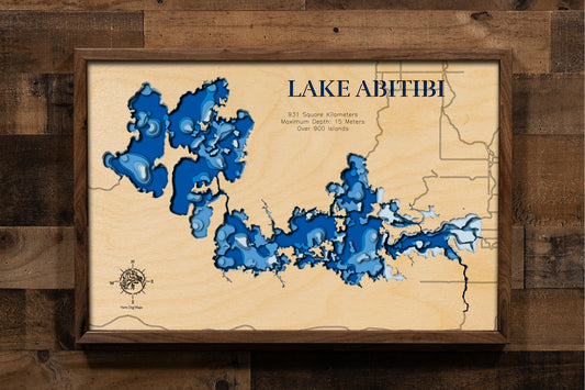 Lake Abitibi in Ontario and Quebec, Canada in stunning 3D wood map design, with detailed topography.