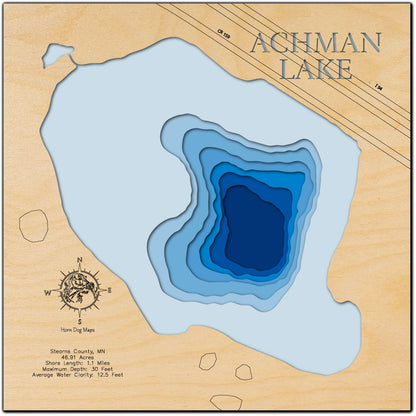 High-definition wooden relief map of Achman Lake in Stearns County, MN, handmade for durability.