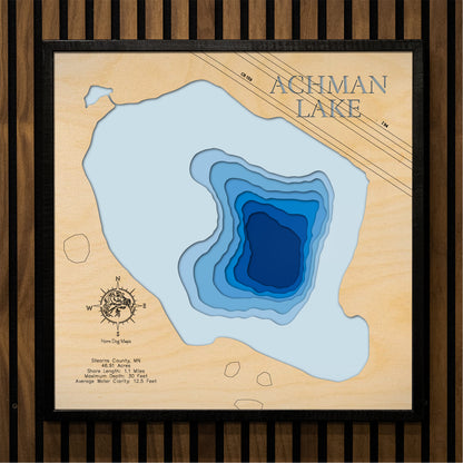 High-definition wooden relief map of Achman Lake in Stearns County, MN, handmade for durability.