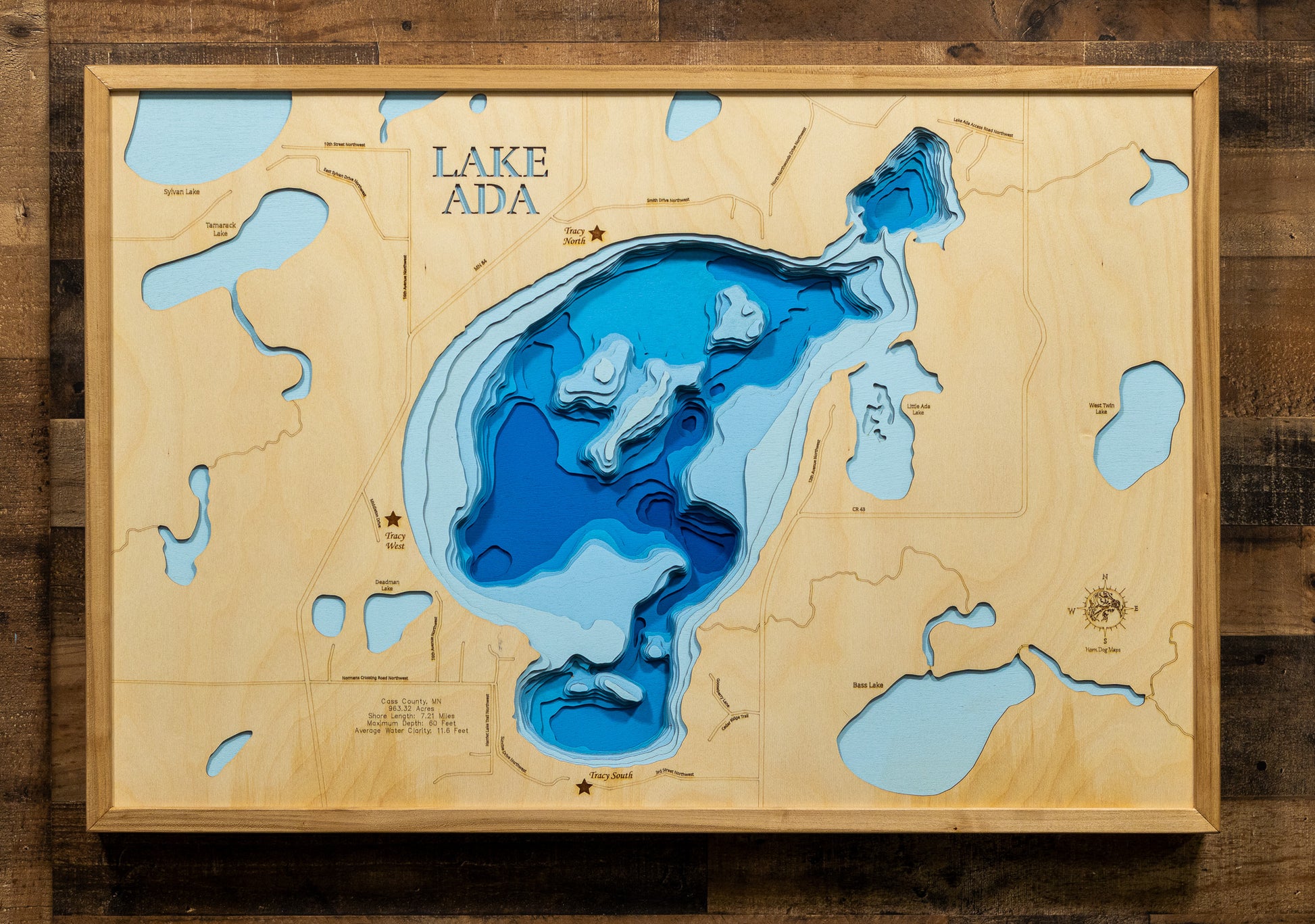 Lake Ada in Cass County, MN in stunning 3D wood map design, with detailed topography.