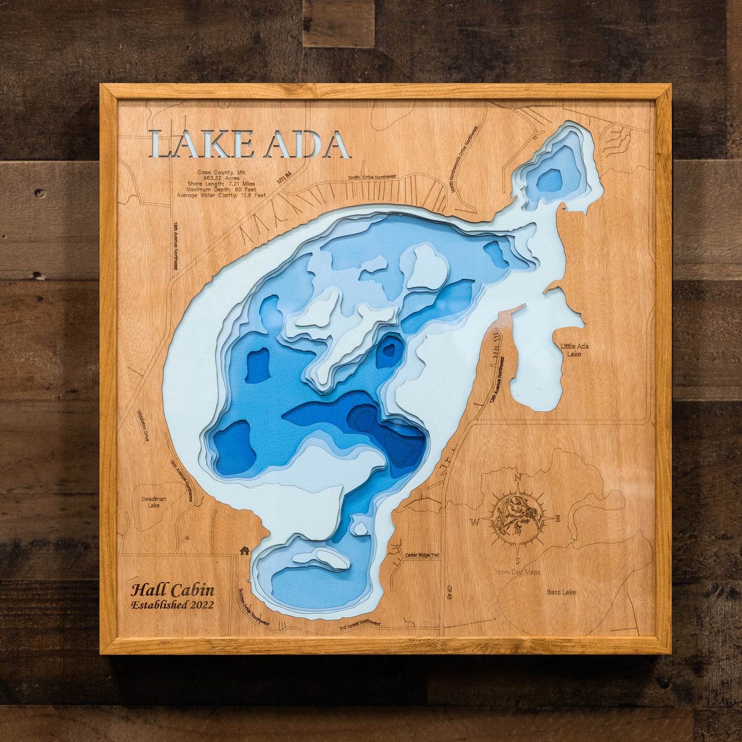 Lake Ada in Cass County, MN in stunning 3D wood map design, with detailed topography.