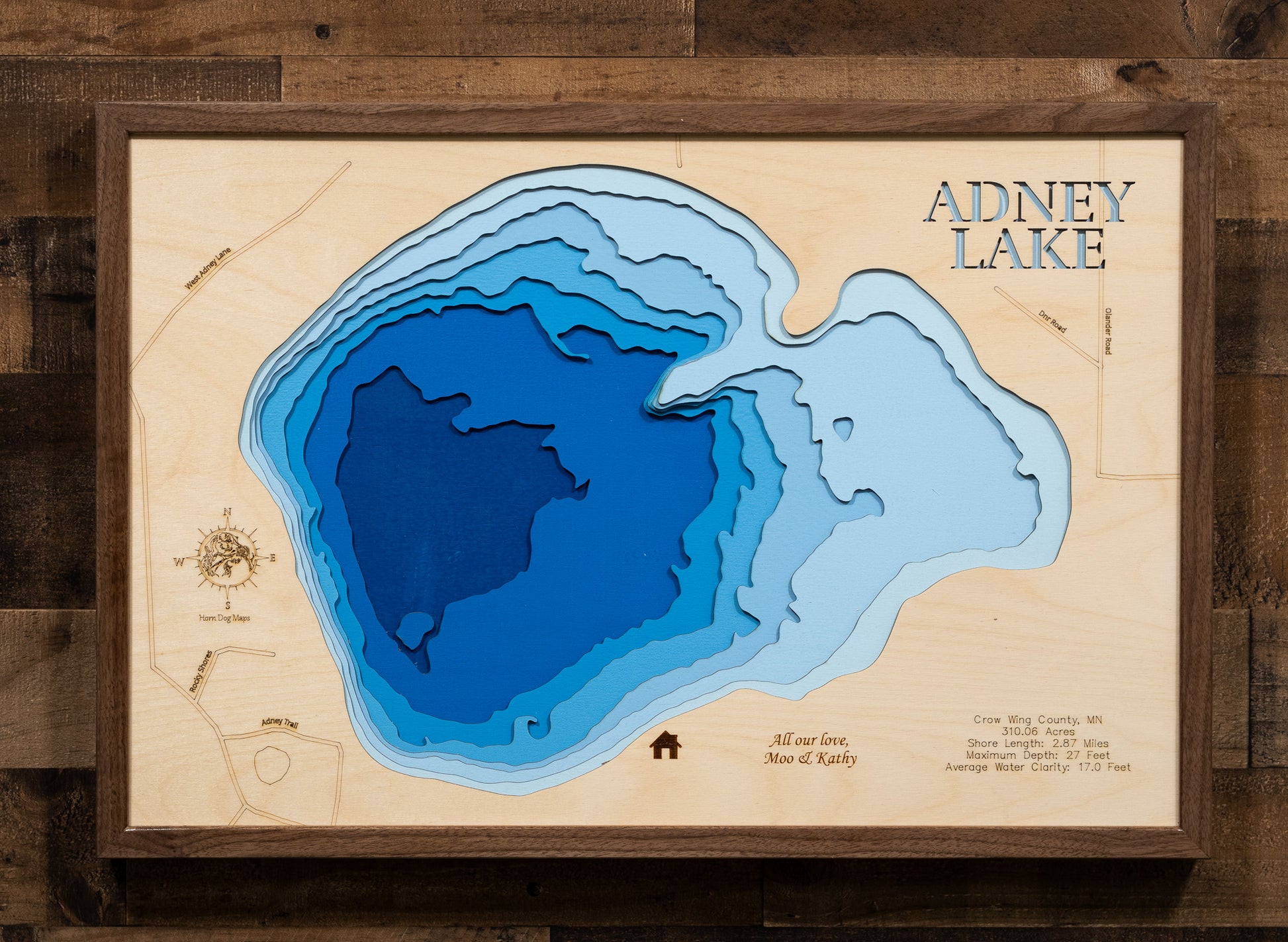 Unique wooden lake map of Adney Lake in Crow Wing County, MN, featuring intricate depth details.