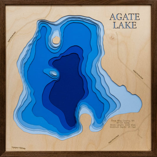 Decorative 3D wooden lake map of Agate Lake in Crow Wing County, MN, crafted with care.