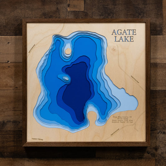 Decorative 3D wooden lake map of Agate Lake in Crow Wing County, MN, crafted with care.