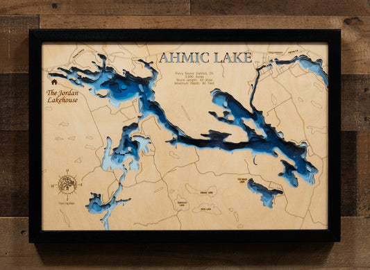 Ahmic Lake in Ontario Canada in stunning 3D wood map design, with detailed topography.